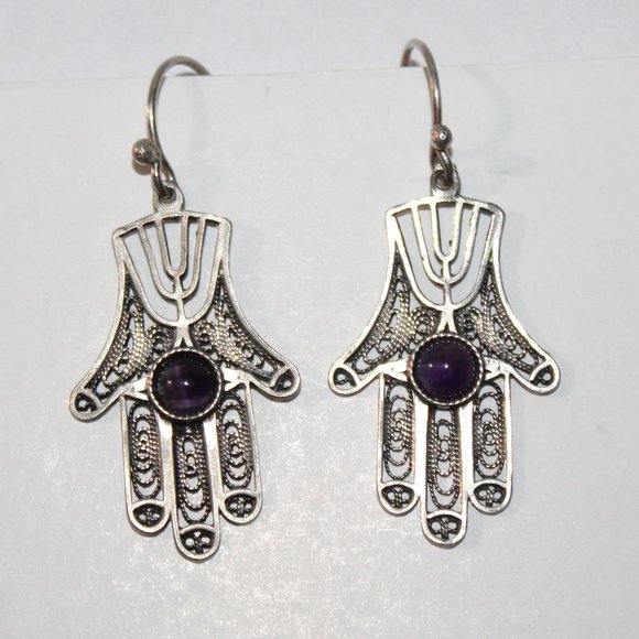 Jewelry - Sterling Silver Filigree Amethyst Hamsa Hand Of God Earrings